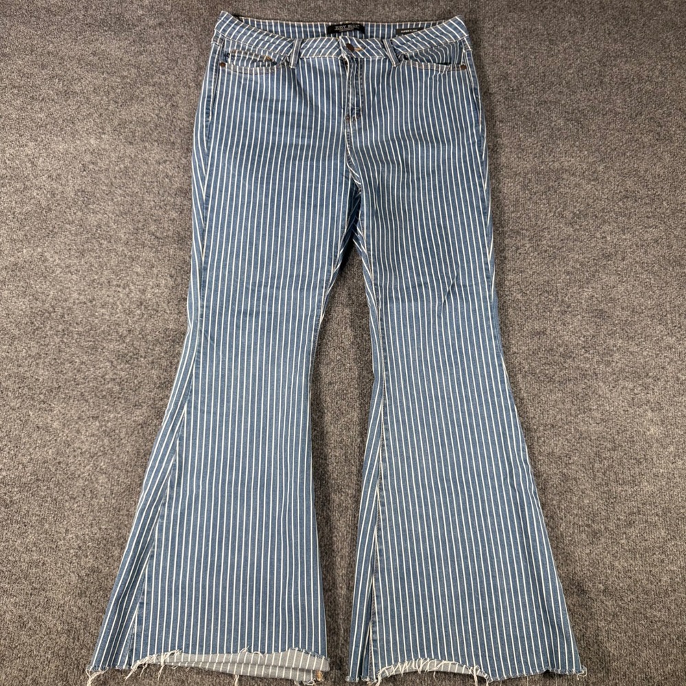 Judy Blue Super Flare Jeans Striped High Rise Raw Hem Boho Denim 14/32 Blue